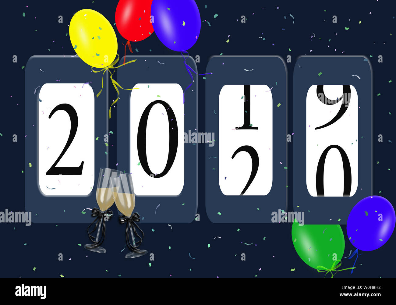 Anno Nuovo 2020 contachilometri con party palloncini e coriandoli Foto Stock