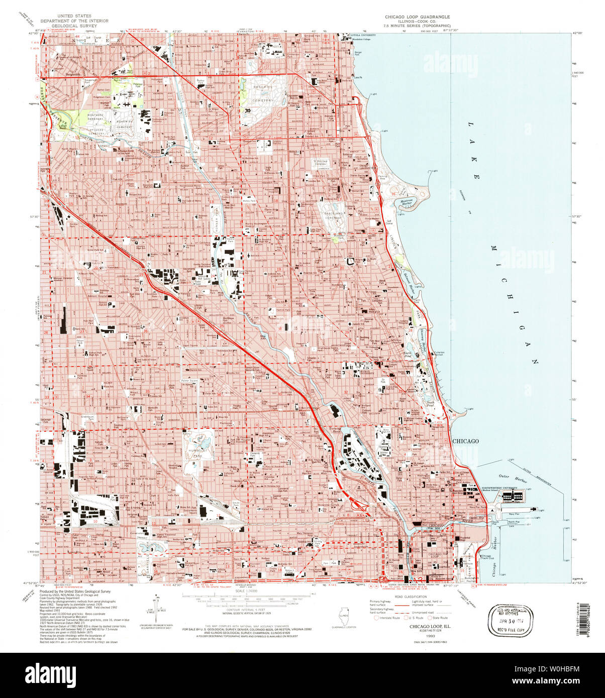 USGS TOPO Map Illinois il Chicago Loop 307263 1993 24000 Restauro Foto Stock