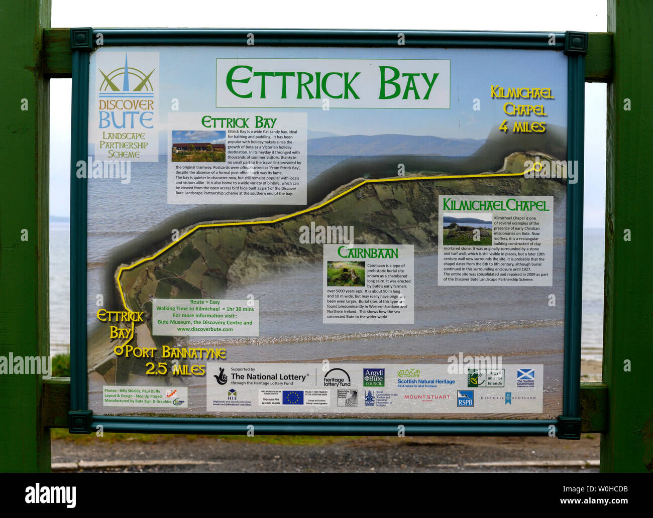 Scheda di informazioni a Ettrick Bay, Isle of Bute, Scotland, Regno Unito Foto Stock