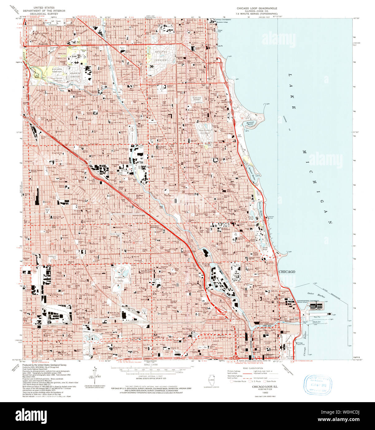 USGS TOPO Map Illinois il Chicago Loop 307264 1993 24000 Restauro Foto Stock