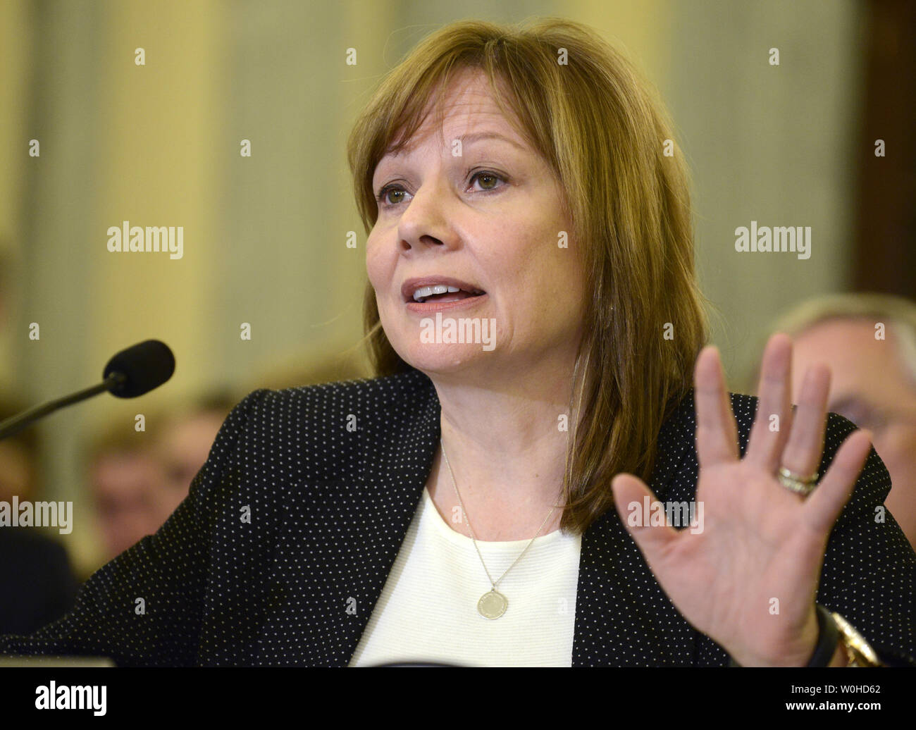 General Motors Chief Executive Maria T. Barra testimonia prima di un commercio, scienza e trasporto audizione del Comitato sulla sicurezza della Chevy Cobalt auto, 2 aprile 2014, a Washington, DC. Barra ha testimoniato che la GM è importante scusarsi per le vittime che sono morti in incidenti a causa di un interruttore di accensione difettoso e pagherà i danni alle famiglie. UPI/Mike Theiler Foto Stock