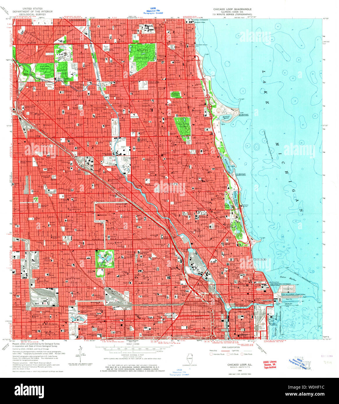 USGS TOPO Map Illinois il Chicago Loop 307268 1963 24000 Restauro Foto Stock