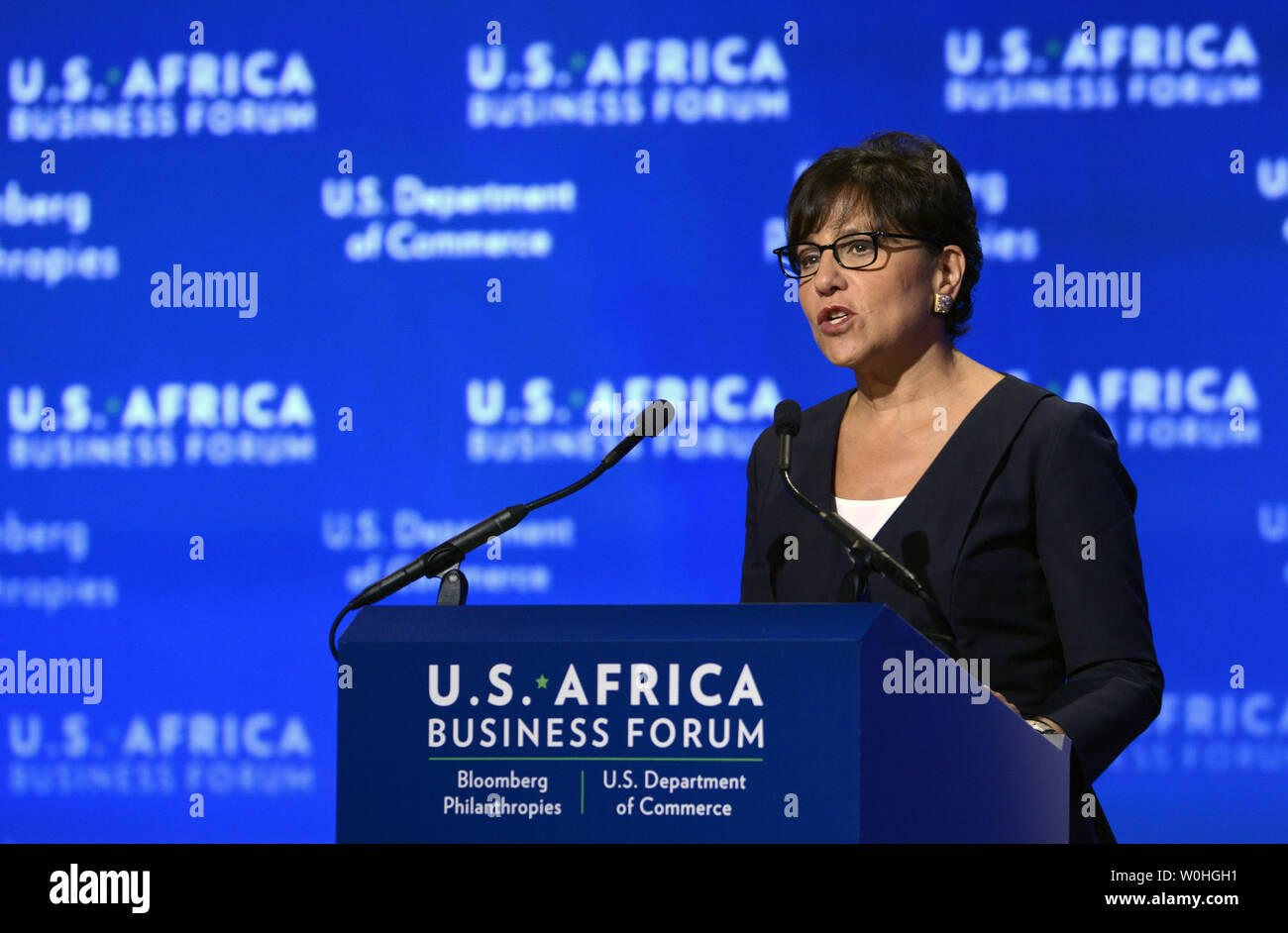 Stati Uniti Il segretario del commercio Penny Pritzker rende commento su le opportunità di espansione in una crescente economia africana presso l'U.S.-Africa Business Forum, 5 agosto 2014, a Washington, DC. Quasi 50 capi di Stato e di governo dell Africa sono presenti al summit di anticipo business, l'agricoltura, lo sviluppo di infrastrutture e di interessi sul continente. UPI/Mike Theiler Foto Stock
