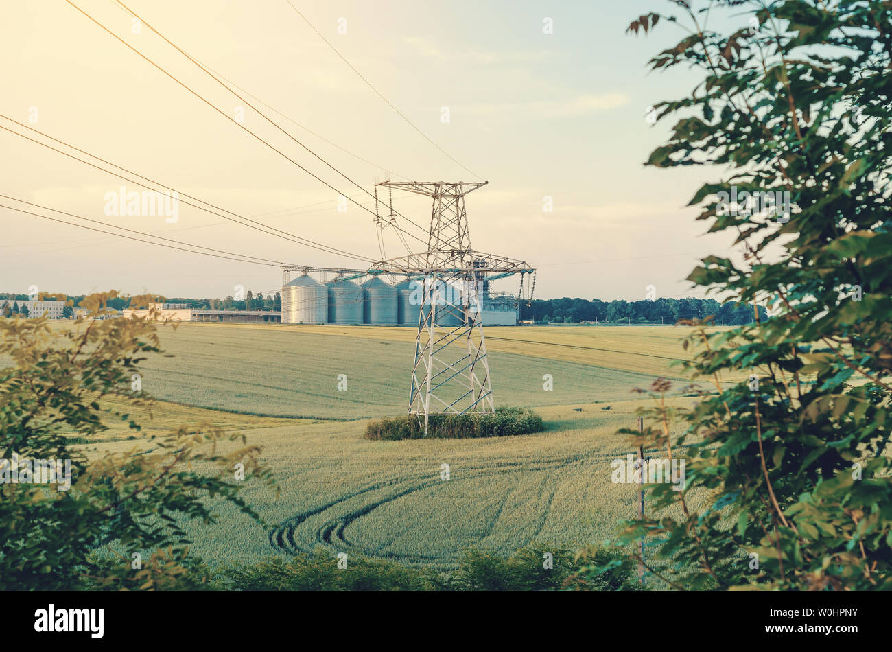 Il supporto metallico è il pilastro di una linea ad alta tensione in campo. Grande ascensore sullo sfondo. Industrializzazione dell'agricoltura. Foto Stock