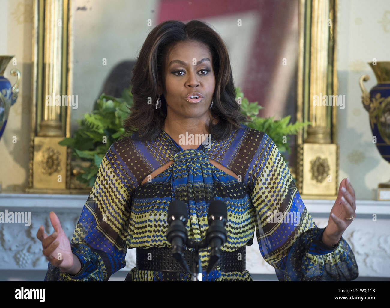 La First Lady Michelle Obama fa un commento a sostegno del "Let's ragazze imparare' iniziativa nella Sala blu della Casa Bianca di Washington il 22 ottobre 2015. La First Lady ha annunciato una nuova partnership per ulteriormente le ragazze adolescenti' istruzione in Pakistan. Foto di Pat Benic/UPI Foto Stock