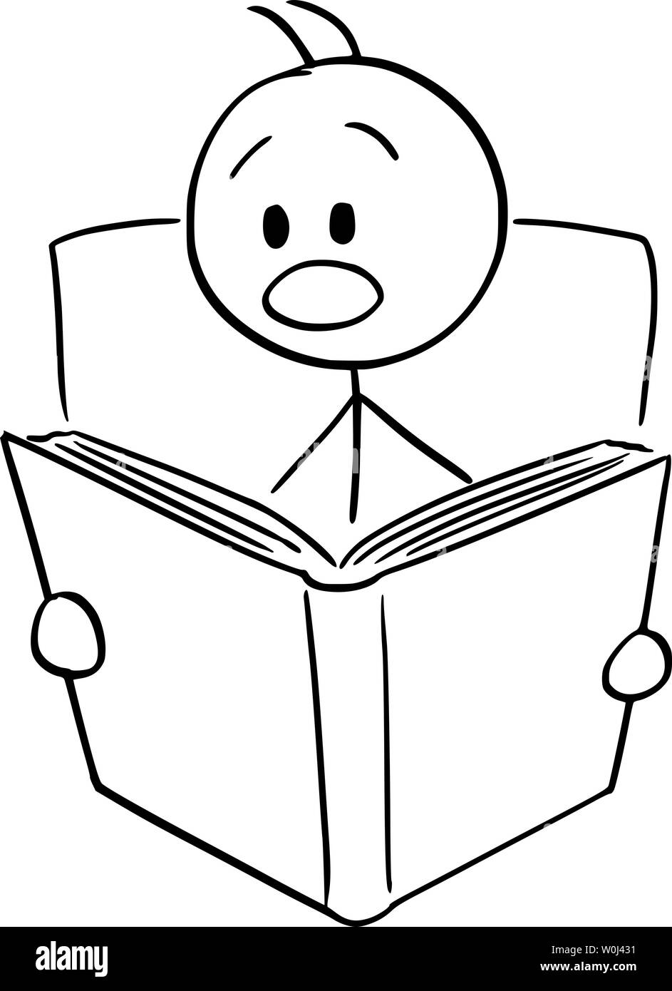 Vector cartoon stick figura disegno illustrazione concettuale di scioccato o uomo spaventato la lettura scioccante o scary libro. Illustrazione Vettoriale