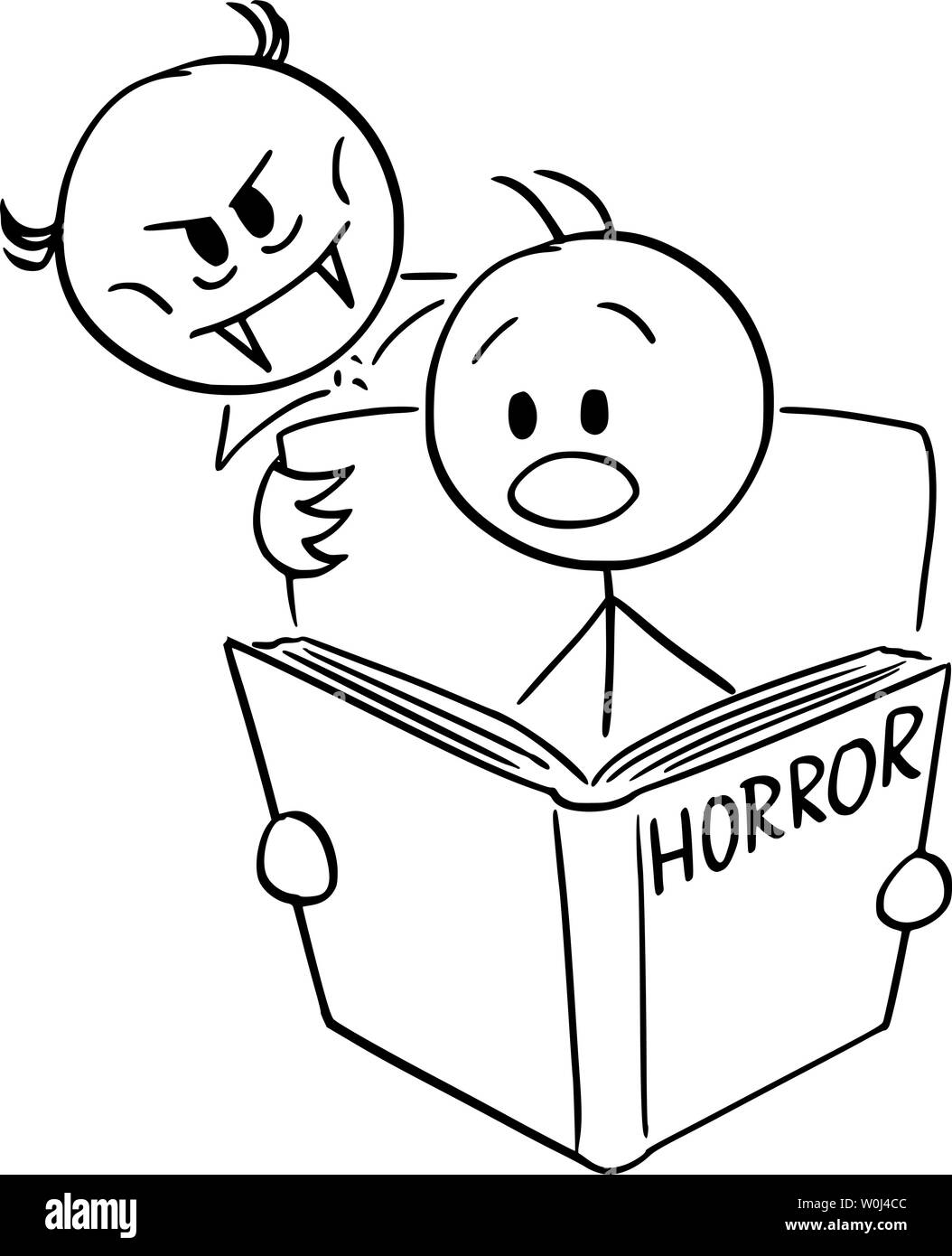 Vector cartoon stick figura disegno illustrazione concettuale dell uomo spaventato lettura orrore spaventoso libro e il vampiro sta guardando sopra la sua spalla. Illustrazione Vettoriale