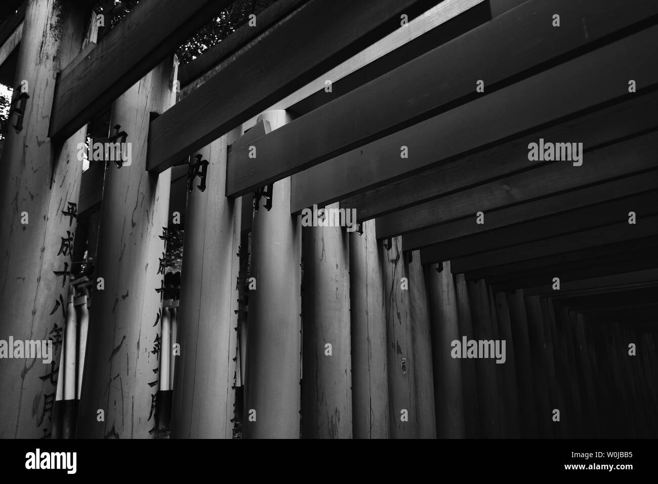 Kyoto, Giappone - Nov 11 2017 : nero e bianco antico legno torii gate con lettera giapponese a Fushimi Inari santuario Foto Stock