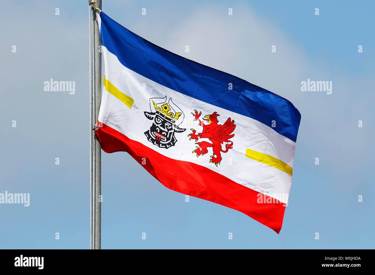 Bandiera del Meclemburgo-Pomerania soffia il vento, Germania Foto Stock