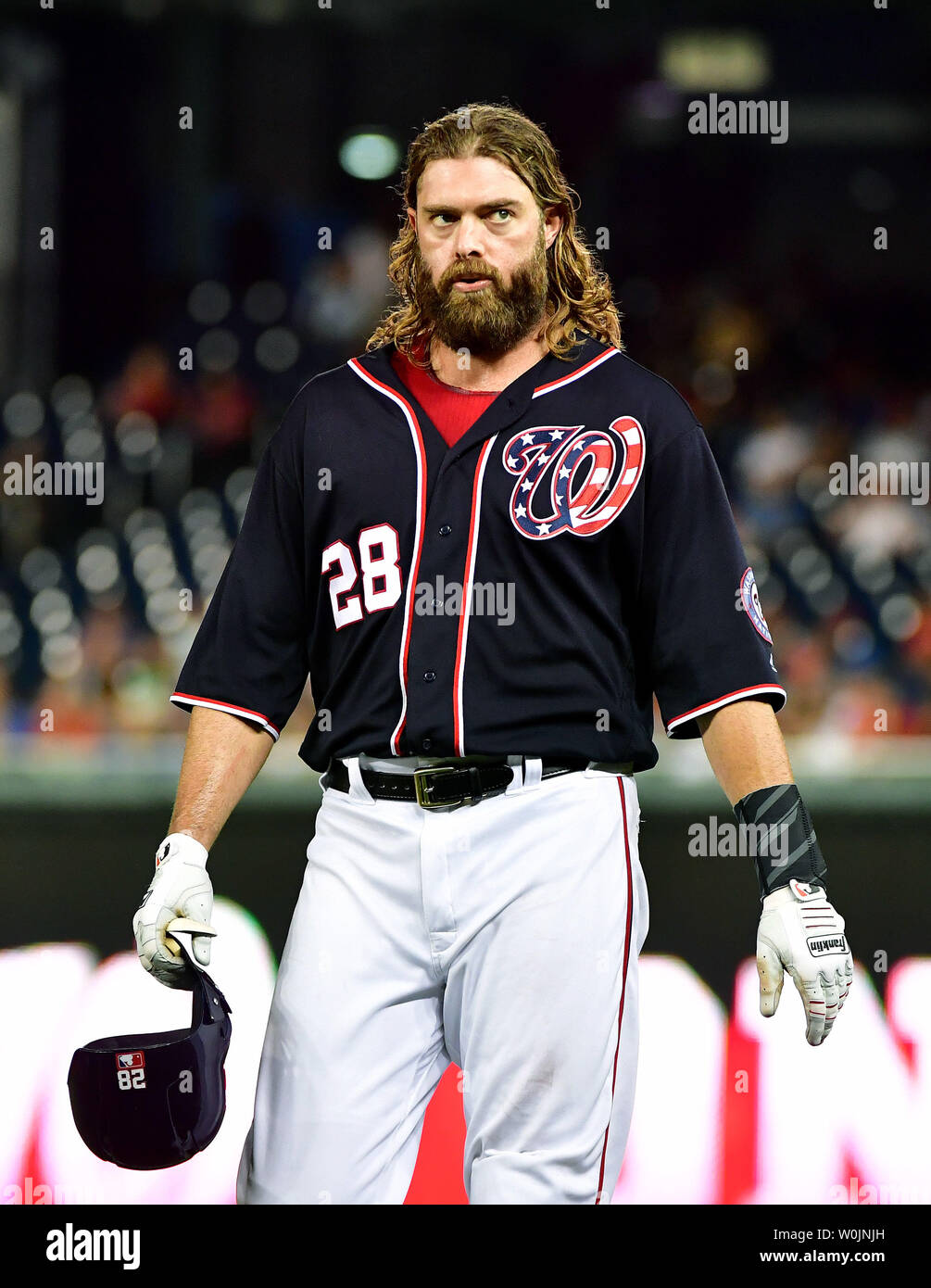 Washington cittadini sinistra fielder Jayson Werth (28) è visto in campo contro i Los Angeles Dodgers cittadini Park a Washington D.C. il 17 settembre 2017. Foto di Kevin Dietsch/UPI Foto Stock