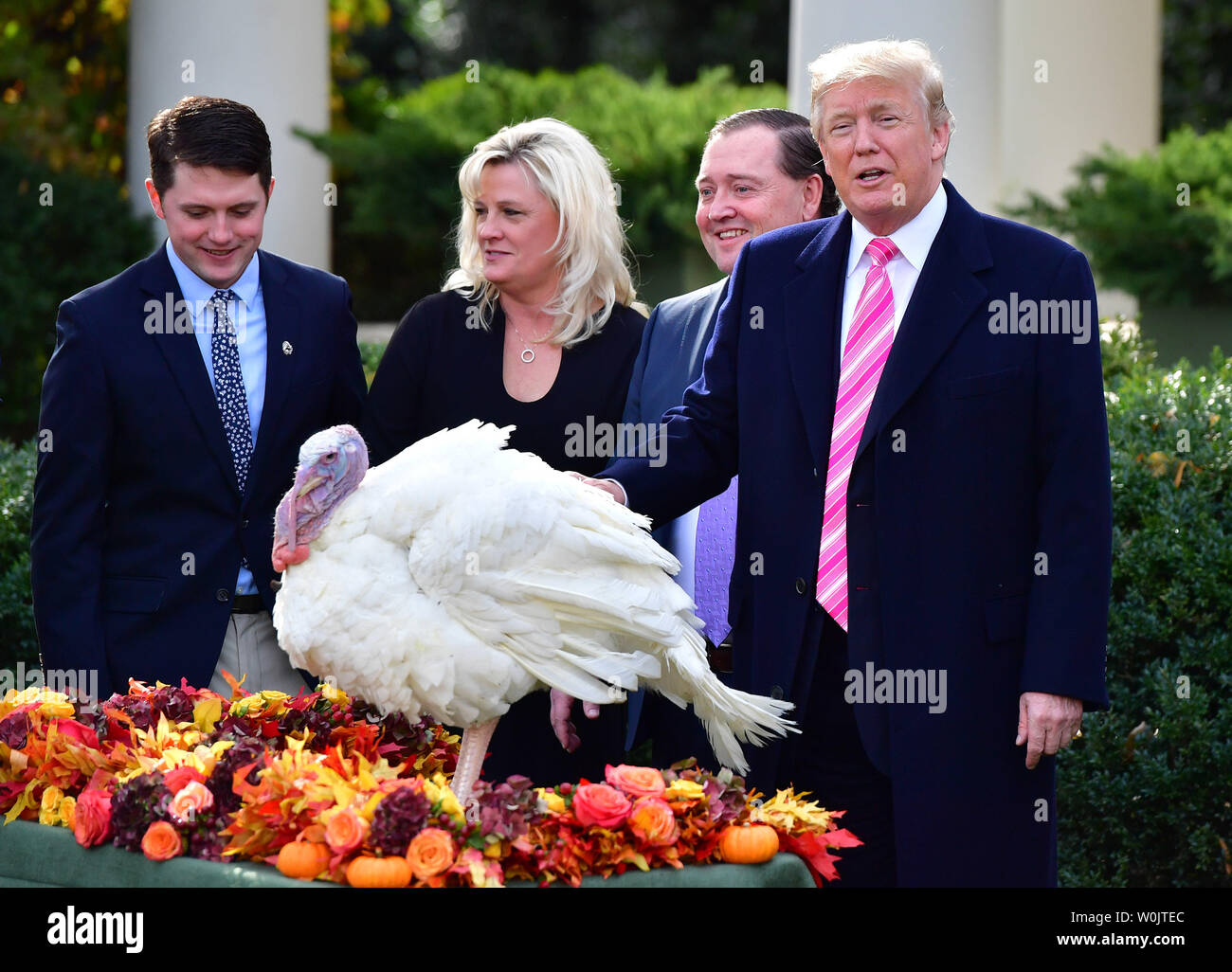 Presidente Donald Trump (R) perdona coscia, la Nazionale del Ringraziamento, la Turchia come egli è entrato a far parte da National Turchia Federazione Presidente Carl Wittenburg (2nd-R) e membri della famiglia di Wittenberg, durante l annuale ringraziamento Turchia perdonare cerimonia nel Giardino delle Rose alla Casa Bianca il 21 novembre 2017 a Washington D.C. Coscia e un supplente Turchia denominato Wishbone entreranno a far parte del passato tacchini graziati a Gobblers resto sul campus dell'università di Virginia Tech. Foto di Kevin Dietsch/UPI.. Foto Stock