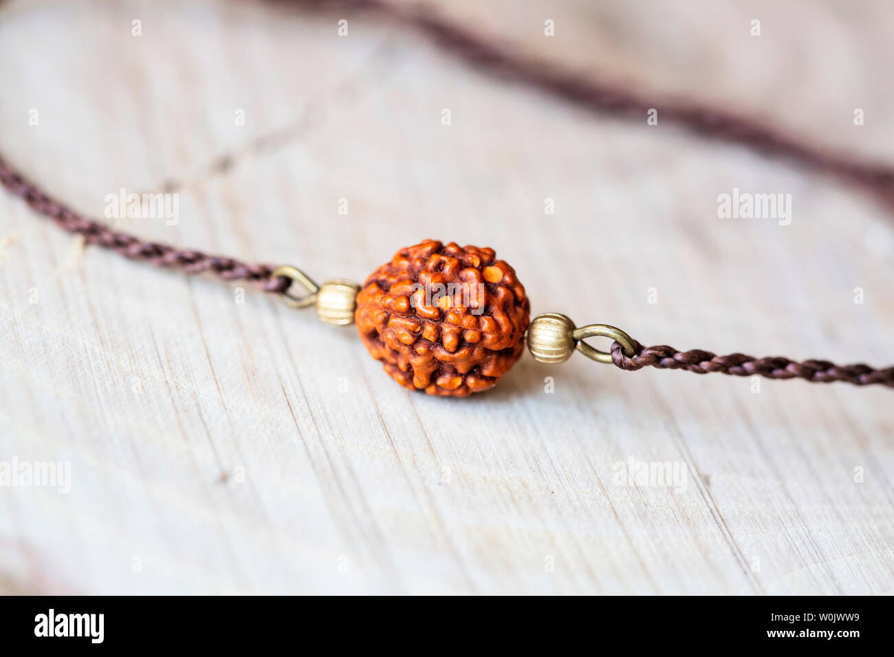 Naturale di semi di rudraksha braccialetto tallone su sfondo di perla Foto Stock