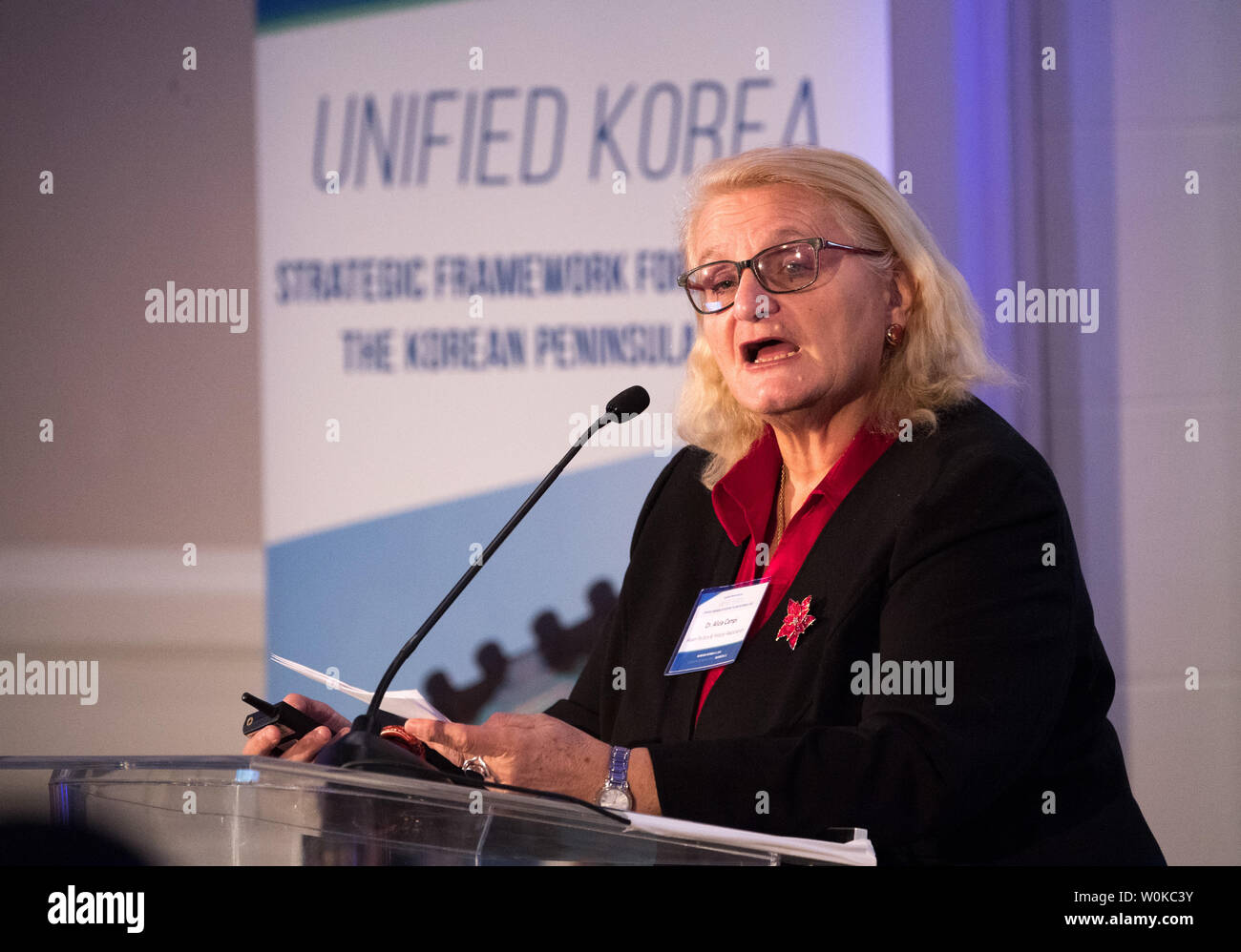 Dott.ssa Alicia Campi, presidente di asiatici Politica e Storia Associazione offre commento sulla unificazione della Corea durante il forum di Corea presso la Carnegie Institute for Science, a Washington D.C. il 12 dicembre 2018. Foto di Kevin Dietsch/UPI Foto Stock