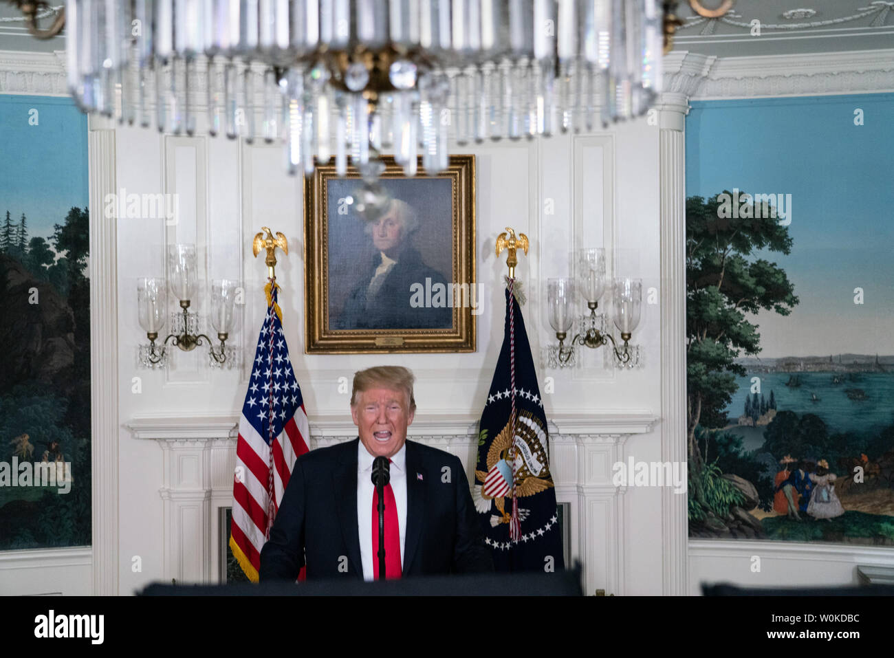 Presidente Donald Trump offre commento sul confine e la parziale chiusura del governo nella Sala Diplomatica della Casa Bianca di Washington il 19 gennaio 2019. Trump offre una proroga di tre anni di protezione per 'dalesatori' in cambio di $5,7 miliardi per un muro al confine messicano. Foto di Ken Cedeño/UPI Foto Stock