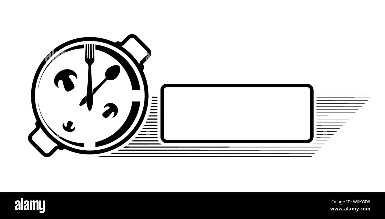 Il logo di un bar o un ristorante. Emblema per il menu o la pubblicità. Orologio in forma di una padella con un cucchiaio e forchetta. Illustrazione Vettoriale