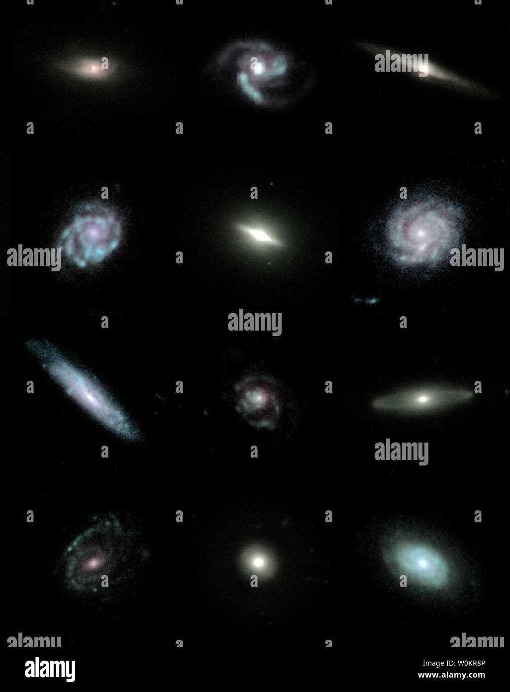 Questa è una sezione ritagliata di un telescopio spaziale Hubble mosaico di 80 luminose galassie dalle gemme sondaggio, e illustra la diversità delle diverse forme di Galaxy, dimensioni e tipi: anguria a forma di galassie ellittiche, maestose le galassie a spirale, alcuni con barre allungate nei loro centri, e spettacolare galassia fusioni. Il mosaico appare nove miliardi di anni nel passato, quando l'universo è stato appena un terzo la sua età attuale. Le gemme sondaggio sta per evoluzione di Galaxy dalla morfologia e distribuzione spettrale di energia ed è finalizzato a una migliore comprensione della natura delle galassie. (UPI foto/Hubble Foto Stock