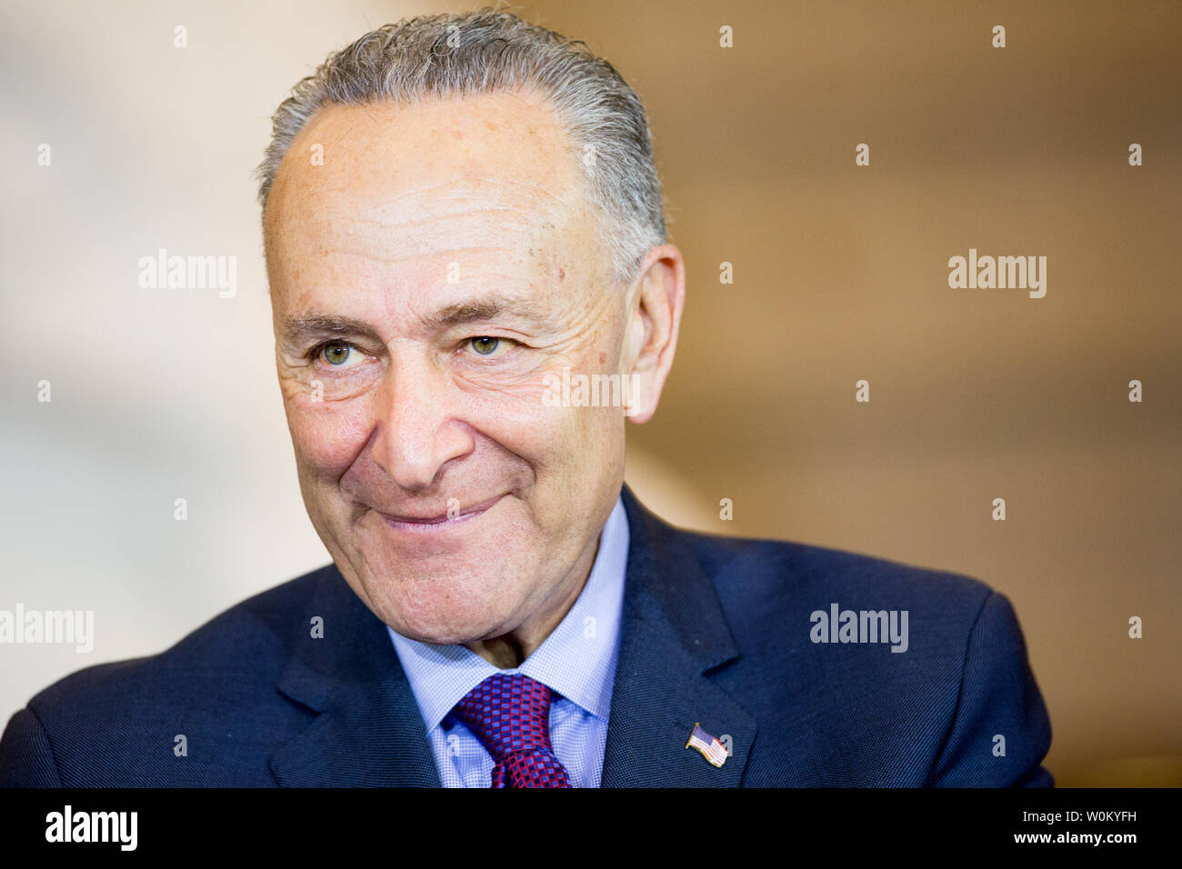 Senato leader della minoranza Chuck Schumer (D-N.Y) ascolta commento durante una cerimonia con Camera e Senato responsabili per presentare un Congressional Gold Medal filippino per onorare i veterani della Seconda Guerra Mondiale per il loro servizio e sacrificio durante la guerra nel corso di una cerimonia al Campidoglio di Washington il 25 ottobre 2017. La medaglia è il più alto premio civile e viene presentato dopo una lunga lotta per il riconoscimento del servizio di 260.000 filippini che hanno combattuto per gli Stati Uniti da oltre 75 anni fa. Foto di Erin Schaff/UPI Foto Stock