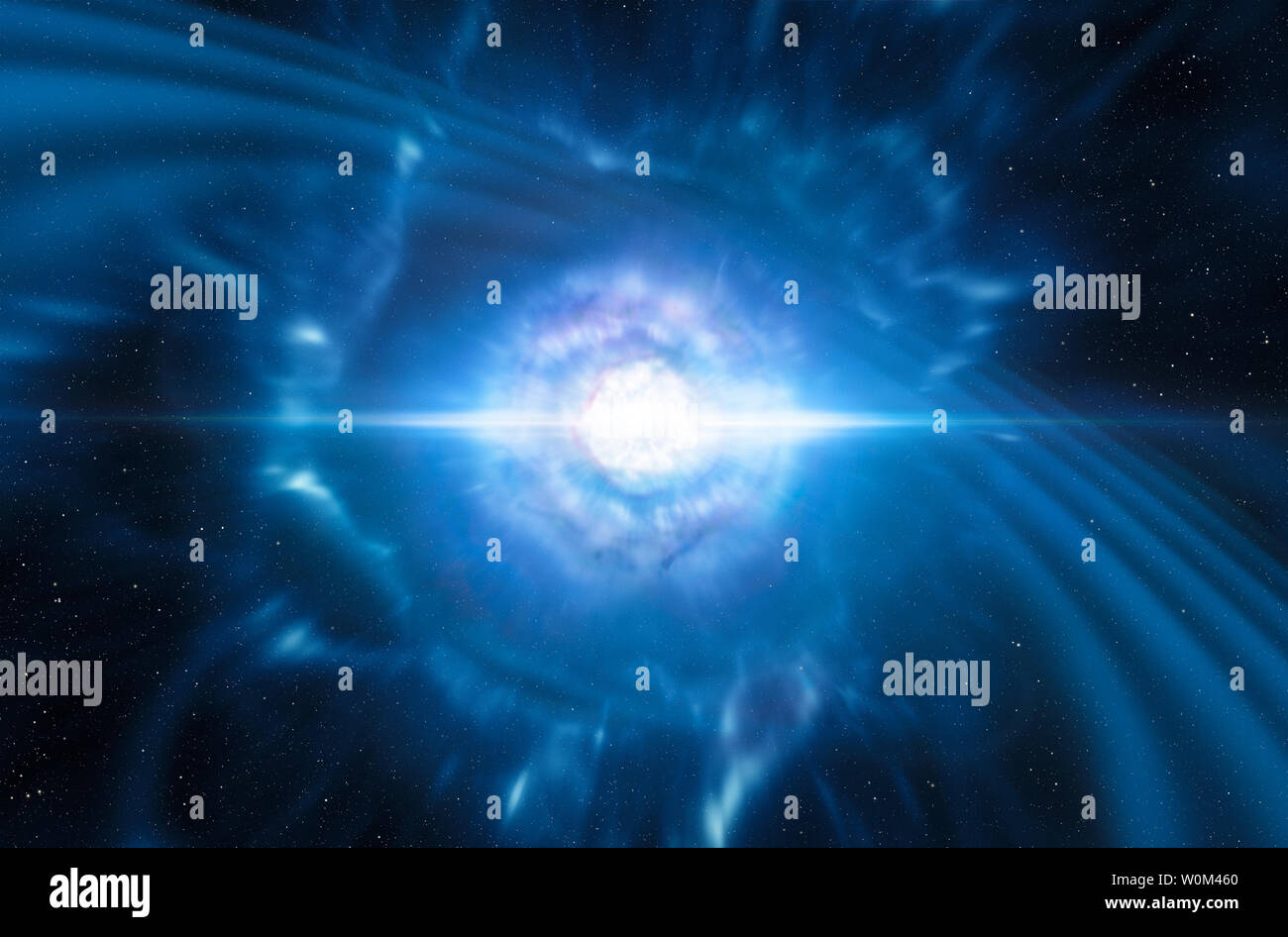 Questo artista della impressione mostra due piccoli ma molto denso le stelle di neutroni in corrispondenza del punto in cui si uniscono ed esplodono come un kilonova. Ad un evento assai raro è previsto per produrre entrambe le onde gravitazionali e ad un breve tratto di gamma-ray burst, entrambi dei quali sono stati osservati su agosto 17, 2017, dall'interferometro laser Gravitational-Wave Osservatorio (LIGO) e l interferometro Virgo, dell'ESA e solidale il telescopio e la NASA Fermi Gamma-ray Space Telescope rispettivamente. Le successive osservazioni dettagliate con telescopi in tutto il mondo, compresa la NASA/ESA Telescopio Spaziale Hubble ha confermato che questo ogg Foto Stock