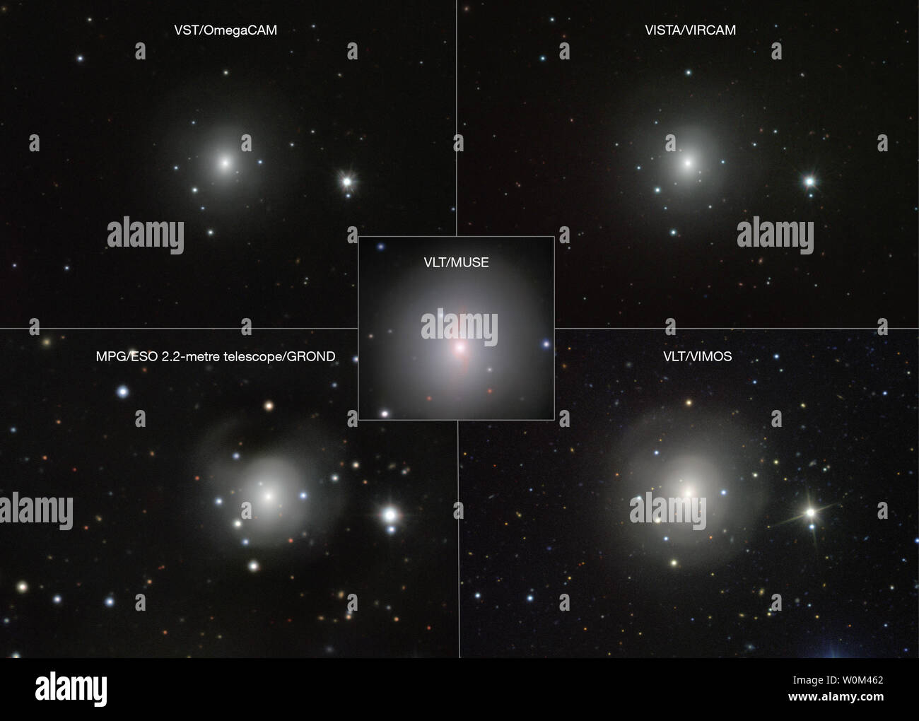 Questo composito, rilasciato il 16 ottobre 2017, mostra le immagini della galassia NGC 4993 da diversi telescopi ESO e strumenti. Essi tutti rivelano una debole fonte di luce vicino al centro. Si tratta di un kilonova, l esplosione risultante dalla fusione di due stelle di neutroni. Questa fusione prodotta sia le onde gravitazionali, rilevata da LIGOCVirgo e raggi gamma, rilevata da fermi e solidale nello spazio. Foto di ESO/UPI Foto Stock