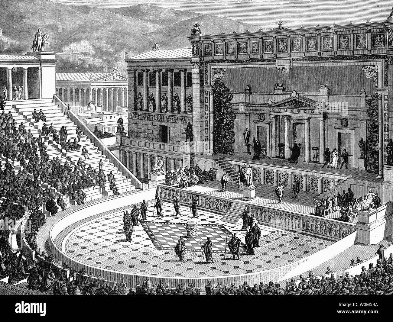 Il Teatro di Dioniso Eleuthereus è un grande teatro in Atene, considerato per essere il primo al mondo del teatro, costruito ai piedi dell'acropoli ateniese. Dedicato a Dioniso, dio di riproduzioni e vino (tra le altre cose), il teatro poteva ospitare numerosi come 17.000 persone con eccellente acustica, che lo rende un luogo ideale per Atene antica' più grande celebrazione teatrale, il Dionysia. È stato il primo teatro mai costruito, tagliate nel sud della scogliera dell'Acropoli, e presumibilmente il luogo di nascita della tragedia greca e di un sito che è stato usato come un teatro a partire dal VI secolo A.C. Foto Stock