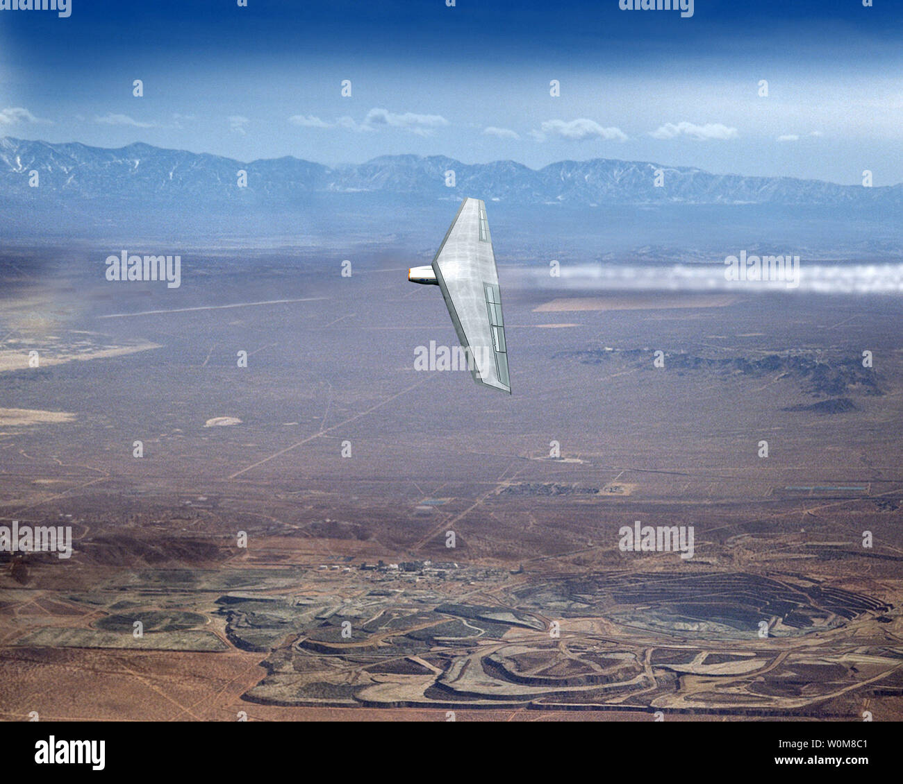 Il Pentagono ha selezionato la Northrop Grumman per sviluppare una linea obliqua di Flying ala. Il velivolo è il primo attributo sarà una variabile-sweep ala destinata a cambiare le posizioni a seconda del piano di velocità aerodinamica. L idea è quella di rendere il piano più efficiente possibile se esso è operativo in una ad alta altitudine, un ambiente ad alta velocità o volare basso e lento. (UPI foto/Northrop Grumman) Foto Stock