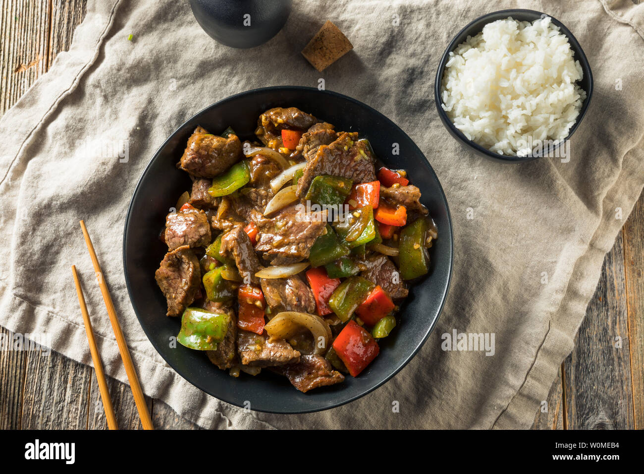 In casa pepe cinese bistecca con riso in bianco Foto Stock