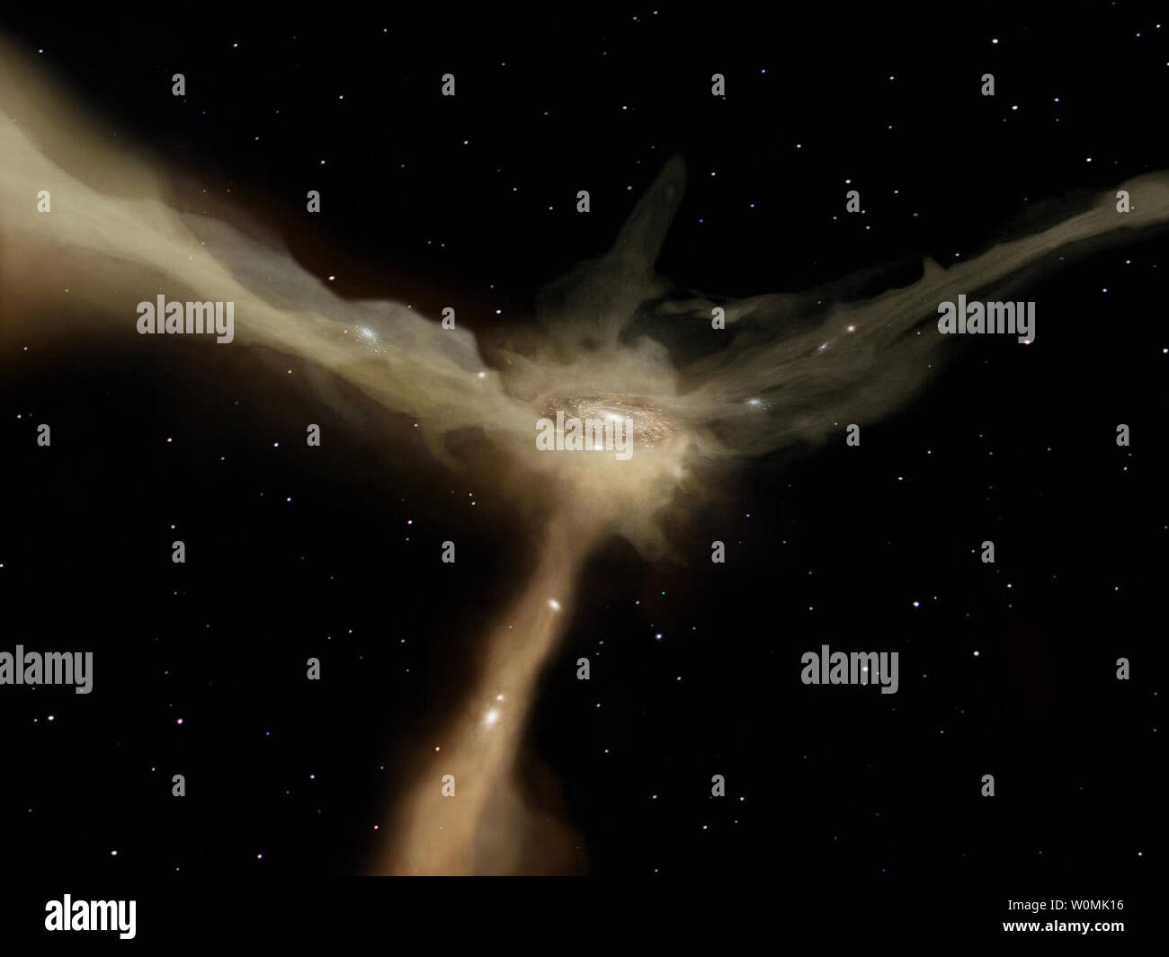Questa illustrazione mostra una galassia che è massa accreting dalla rapida, stretta di flussi di gas freddo. Questi filamenti forniscono la galassia con un flusso continuo di materiale grezzo per supportare la sua stella-attività di formazione con un po' di ritmo piacevole. Questo scenario teorico per la formazione di Galaxy è basata su simulazioni numeriche presentato da Dekel et al., 2009 (Nature, 457, 451D). Tuttavia, l'effettivo processo di accrescimento del flusso su un Galaxy non è mai stato osservato direttamente alla data e lo scenario rimane solo speculative. UPI/ESA/AOES Medialab Foto Stock