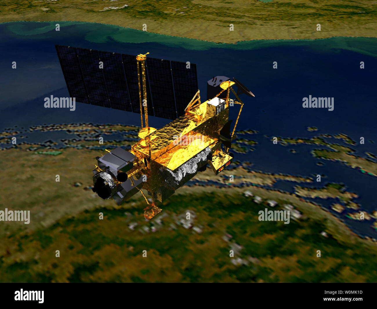Un 6.5-ton satellite di cadere fuori orbita andrà a colpire la terra il 23 settembre 2011 e 26 pezzi di essa hanno una buona probabilità di sopravvivere il calore di re-entry, la NASA ha detto. La posizione esatta del suo rientro è impossibile individuare perché l'atmosfera superiore la ricerca Satellite percorre migliaia di chilometri in una questione di minuti, Mark Matney della NASA orbitale di team di detriti ha detto il CNN. UPI/NASA Foto Stock