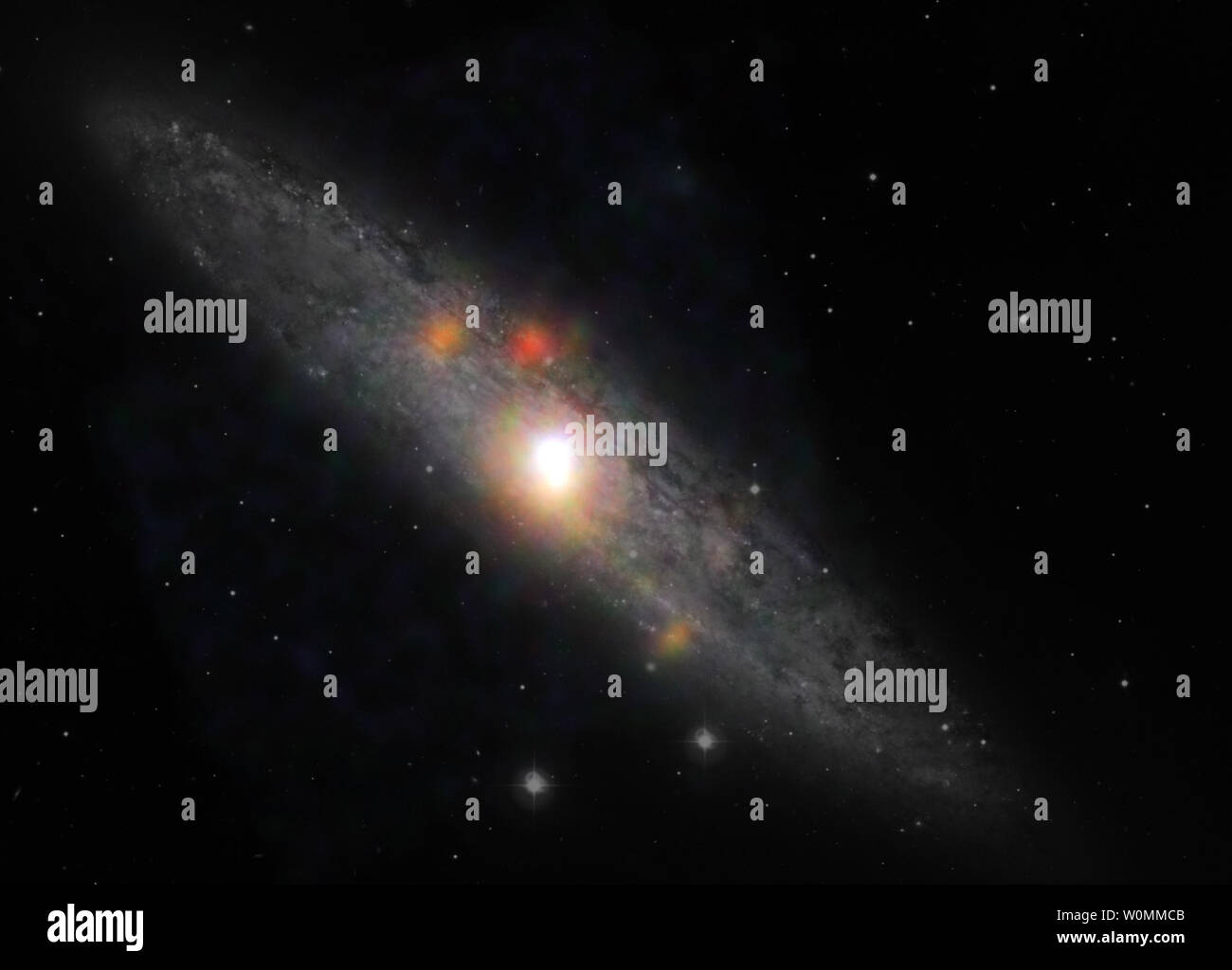 Lo scultore galaxy è visto in una luce nuova in questa immagine composita dalla NASA Nuclear Spectroscopic Telescope Array (NuSTAR) e l'Osservatorio europeo australe in Cile, che è stato recentemente rilasciato. I dati visibili dalla European Space Observatory mostra la spina dorsale della galassia composta di stelle, mentre NuSTAR dati che appaiono come blob colorati, mostrano raggi X ad alta energia. I risultati suggeriscono che il buco nero supermassiccio al centro dello scultore galaxy, noto anche come NGC 253, ha livellato off, o diventato inattivo, in passato decennio. I dati NuSTAR rivela anche una fonte di svasatura Foto Stock