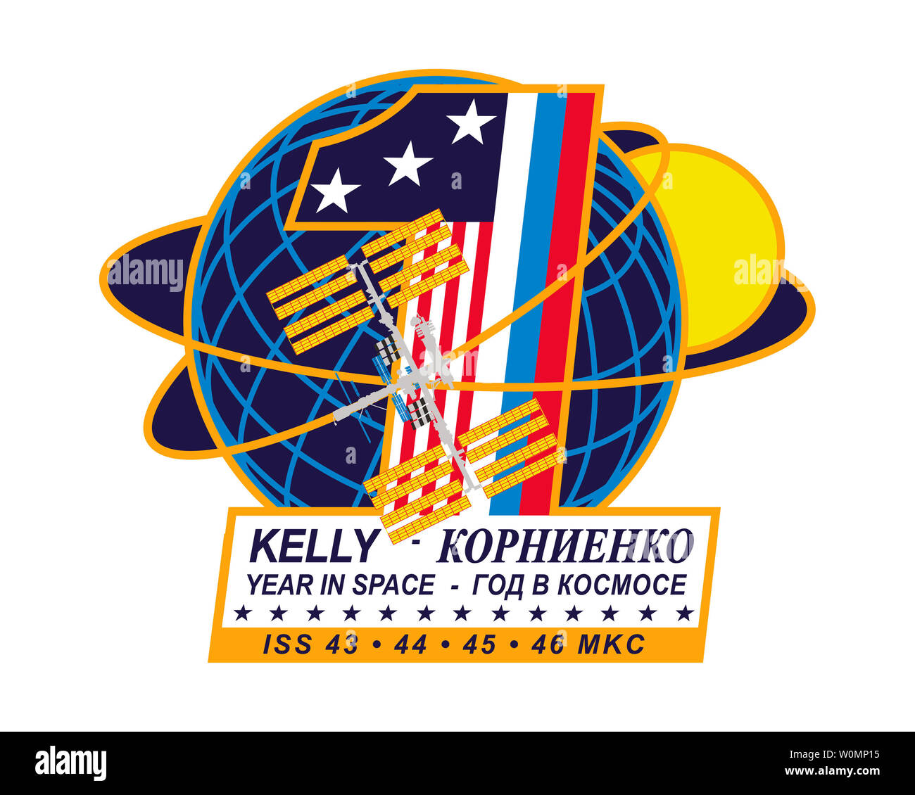 Questa patch rappresenta la storica un anno di spedizione per la Stazione Spaziale Internazionale, spanning incrementi 43 attraverso 46. Il cognome di un anno a equipaggio, ISS il comandante Scott Kelly e tecnico di volo Mikhail Kornienko, appaiono sotto la stazione spaziale simbolo...parte della NASA umano Programma di ricerca, la missione di un anno sulla Stazione spaziale internazionale è uno sforzo congiunto tra Stati Uniti agenzia spaziale, l'agenzia Spaziale Federale Russa Roscosmos () e i loro partner internazionali. La missione è parte di un progetto di ricerca scientifica lo studio a lungo termine del volo spaziale e gli effetti che esso ha sul Foto Stock