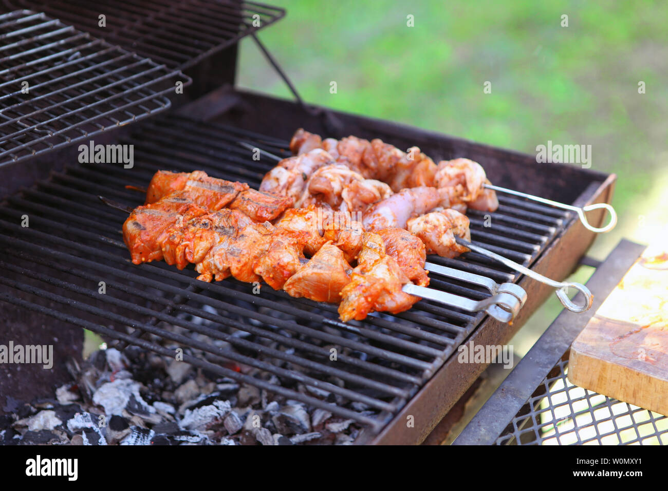 Gustose bistecche di carne alla griglia con la brace. Deliziosa grill al picnic. Foto Stock