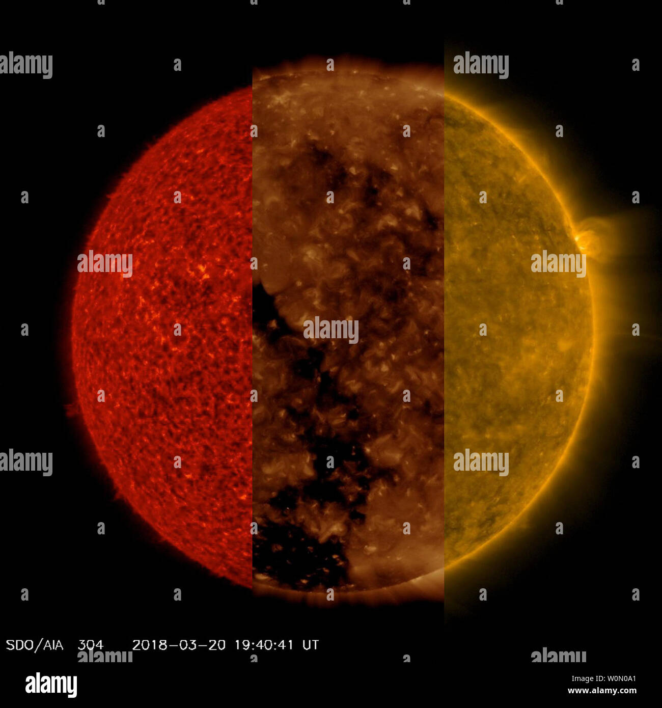 A partire dal mese di marzo 20-23, 2018, NASA Solar Dynamics Observatory catturato tre sequenze del nostro sole in tre differenti ultravioletti estremi lunghezze d'onda. Le immagini risultanti mostrano come le diverse funzioni che vengono visualizzate in una sequenza sono difficili se non impossibili da vedere in altri. Nella sequenza di rosso (304 Angstrom), possiamo vedere molto piccole spicole - getti di materiale solare - e alcune piccole sporgenze a Sun di bordo, che non sono facili da vedere nelle altre due sequenze. Nella seconda sequenza (193 Angstrom), si può facilmente osservare le grandi e scuri foro coronale, anche se è difficile Foto Stock