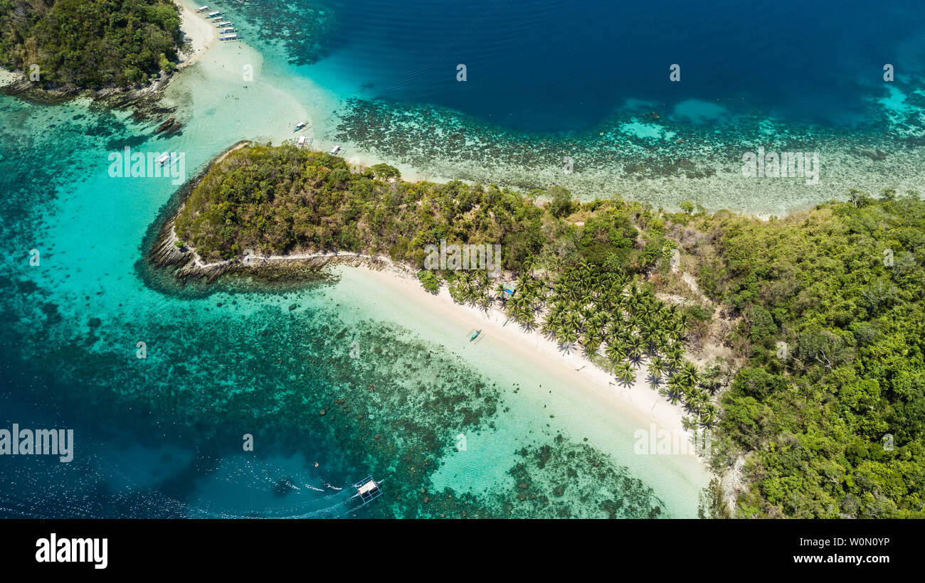 Vista superiore della piccola isola tropicale nelle Filippine. Island hopping tour in Port Barton Foto Stock