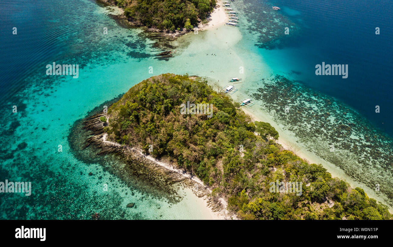 Isole paradiso con sabbia bianca, palme e un mare blu cristallino di Palawan, Filippine Foto Stock