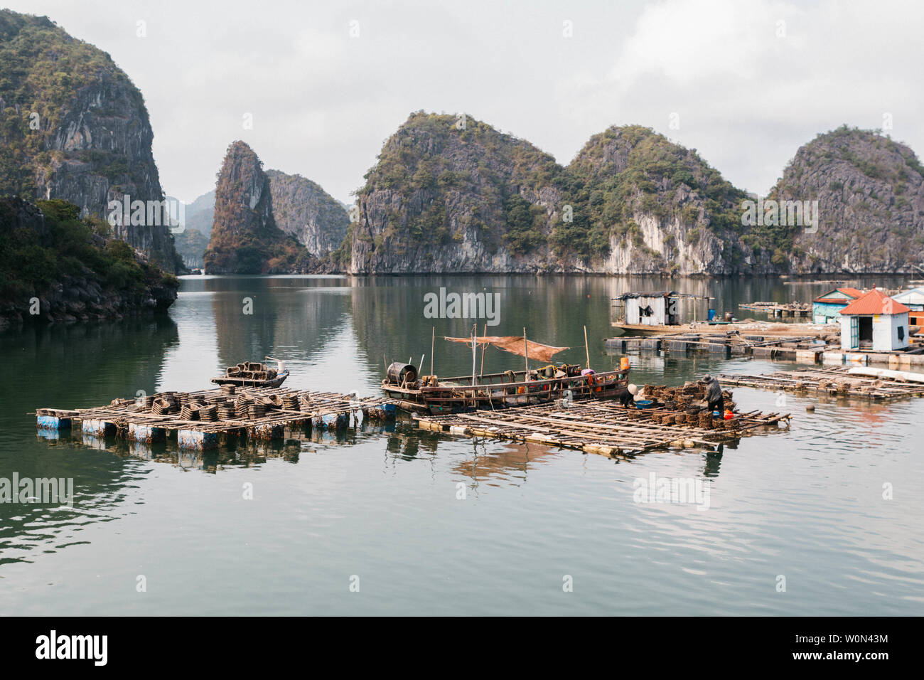 Floating villaggio di pescatori e isola di roccia, Halong Bay, Vietnam, sud-est asiatico. UNESCO - Sito Patrimonio dell'umanità. Junk crociera in barca per la Baia di Ha Long. La popolare Foto Stock