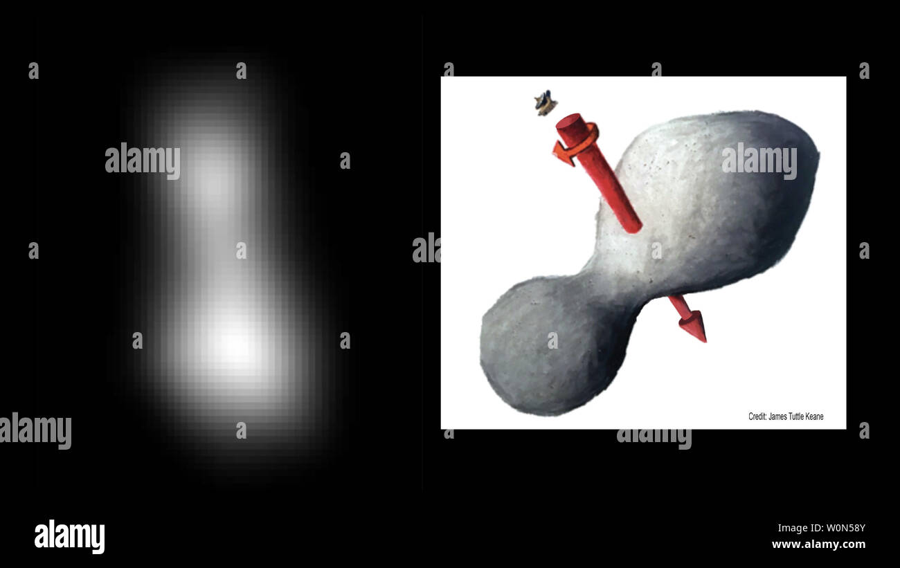 Un composito, rilasciato il 1 gennaio 2019, di due immagini prese da nuovi orizzonti' ad alta risoluzione ricognizione Long-Range Imager (LORRI), che fornisce la migliore indicazione di ultima Thule della dimensione e forma finora. Misure preliminari di questo Kuiper Belt object suggeriscono che si trova a circa 20 miglia da 10 miglia di larghezza. L'artista impressione a destra illustra un possibile aspetto di ultima Thule, basato sull'immagine a sinistra. Le frecce indicano la direzione di ultima di asse di spin. Foto di NASA/JHUAPL/SwRI; schizzo la cortesia di James Tuttle Keane/UPI Foto Stock