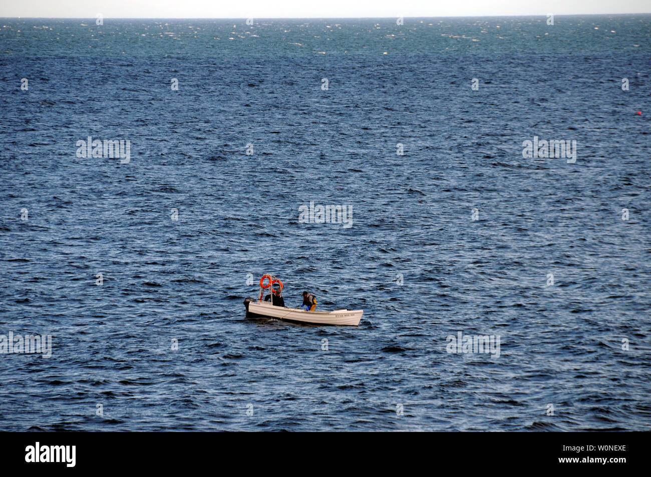 Grande Mare, piccola barca. Due pescatori costieri controllare i loro granchi e aragoste pentole nei pressi di Pittenweem fuori della costa orientale della Scozia. Foto Stock