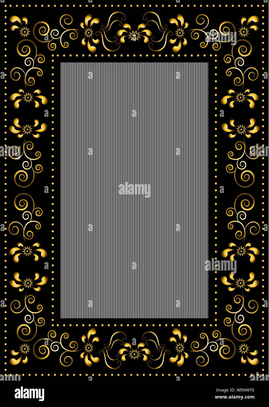 Nero telaio rettangolare calligrafico con motivo floreale e talloni sul nero rigato sfondo grigio Illustrazione Vettoriale