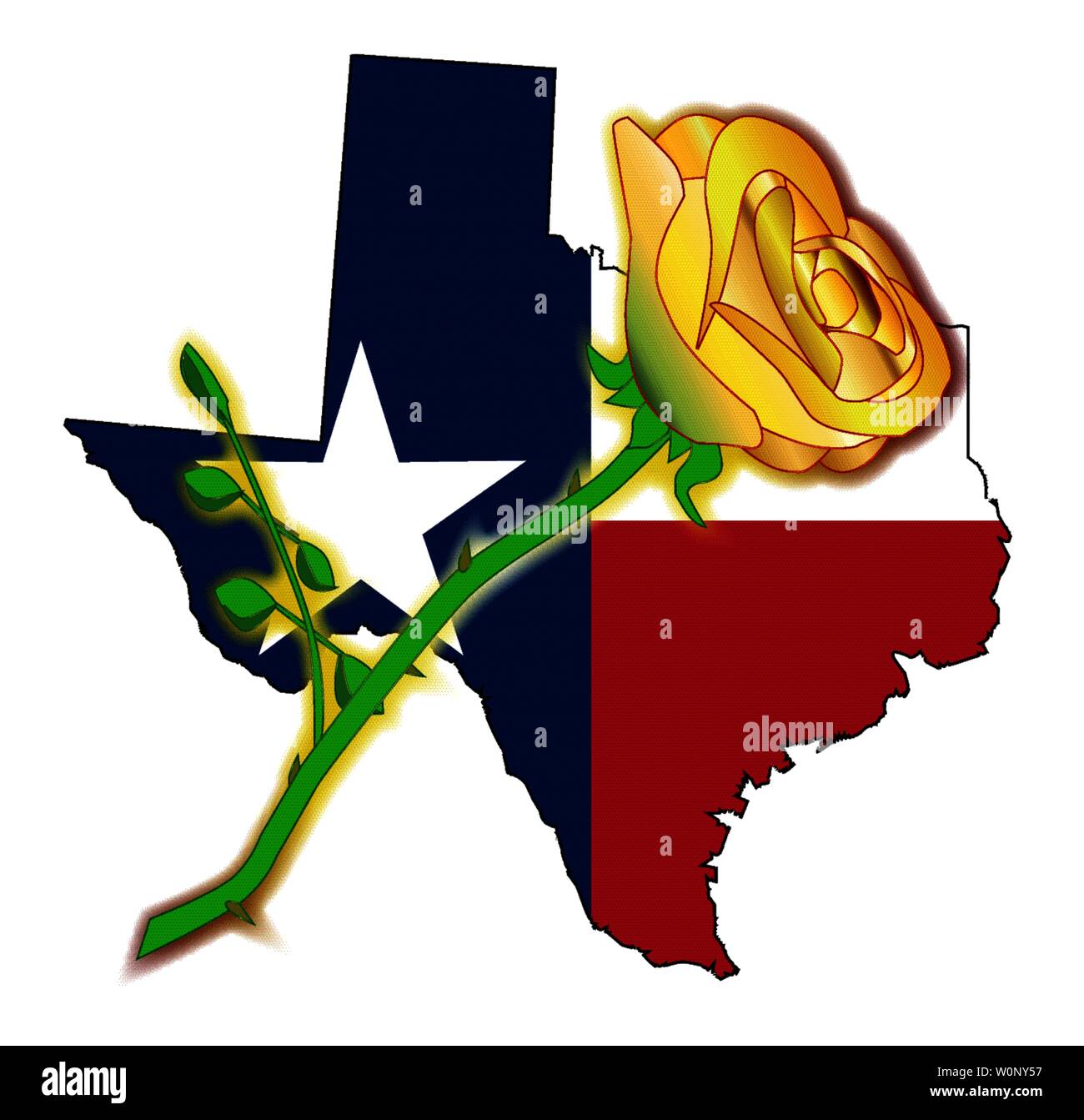 Schema dello stato del Texas con bandiera e rosa gialla isolato Illustrazione Vettoriale