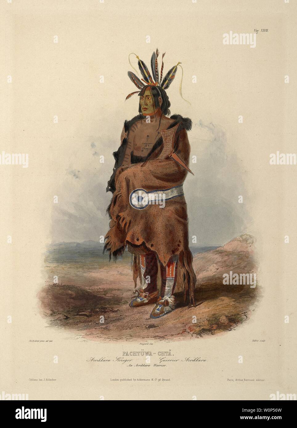 Pachtüwa-Chtä, Arrikkara Warrior - Karl Bodmer acquatinta da viaggi all'interno del Nord America, Voyage dans l'intérieur de l'Amérique du Nord Foto Stock