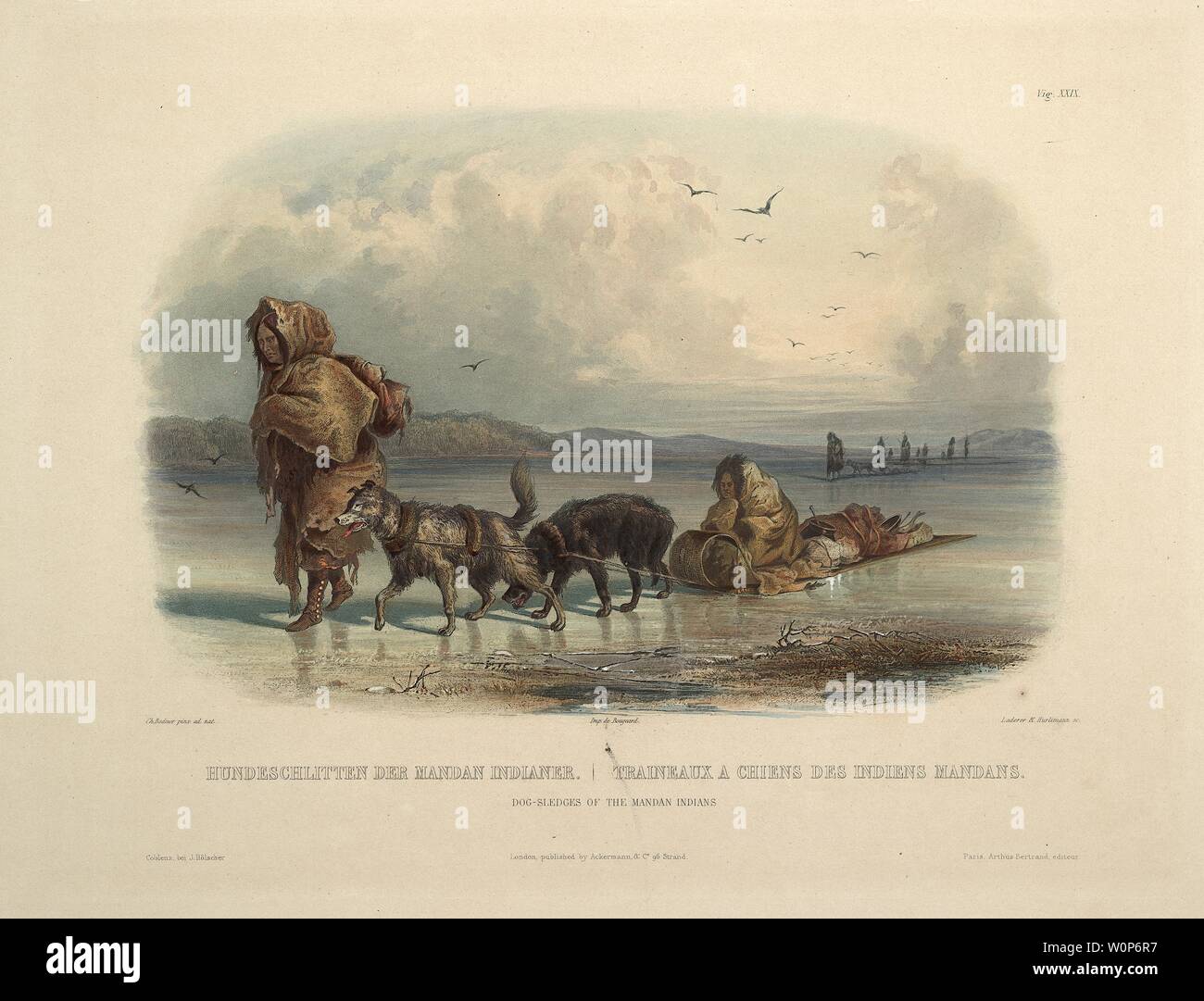 Dog-slitte della Mandan indiani, Karl Bodmer acquatinta da viaggi all'interno del Nord America, Voyage dans l'intérieur de l'Amérique du Nord Foto Stock