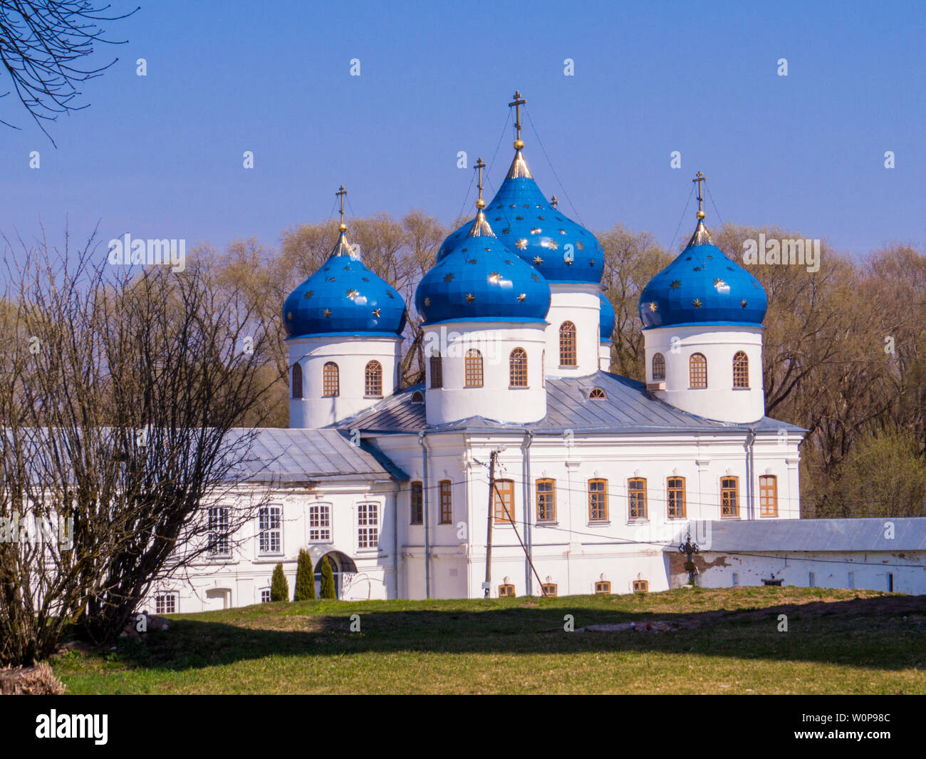 Cattedrale di esaltazione della Santa Croce, Monastero Yuriev, Veliky Novgorod, Russia Foto Stock