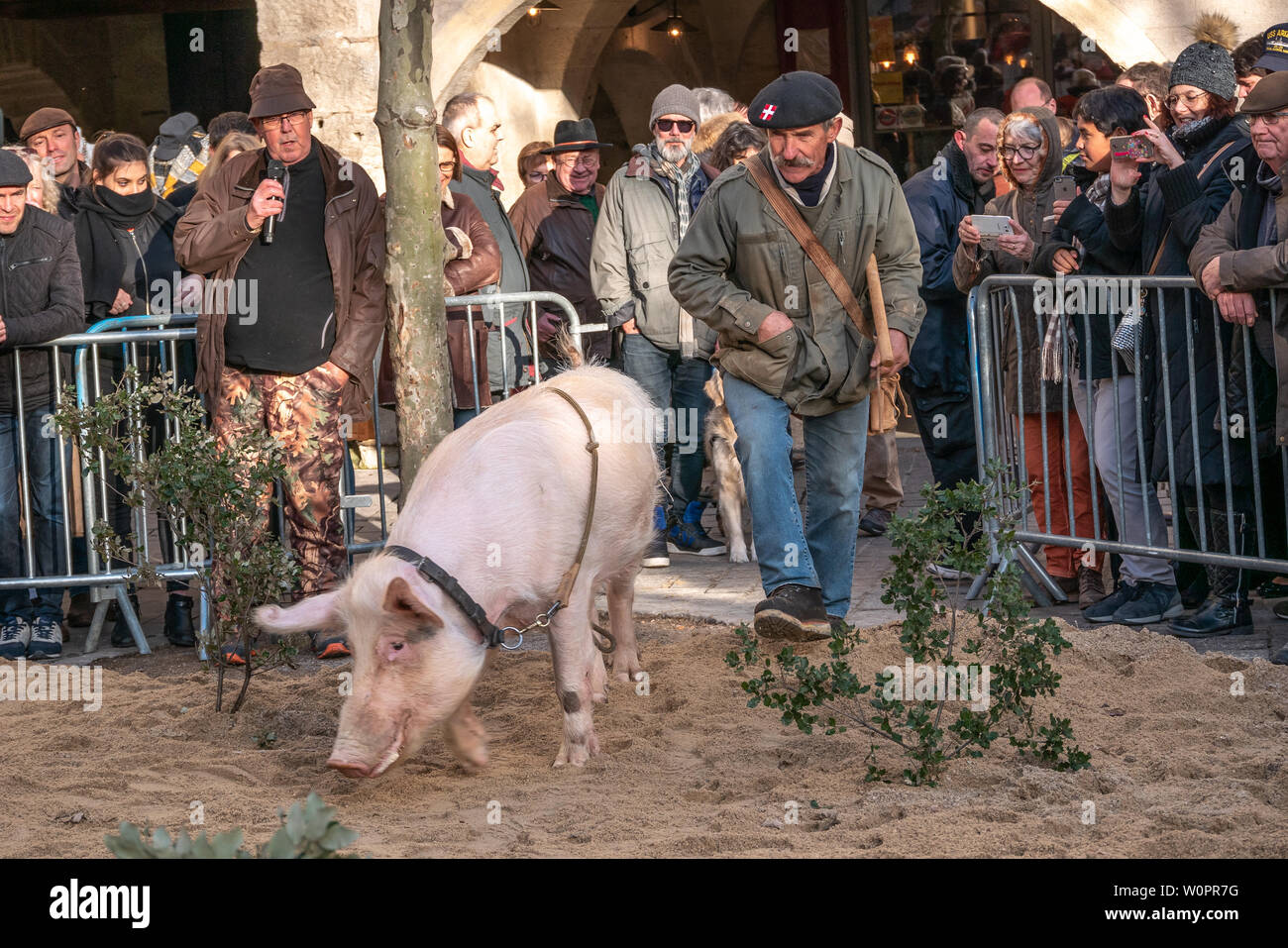 Uzes, Francia: 20 gennaio 2019: Il 2019 Uzes Sagra del tartufo, al Place aux Herbes dove persone celebrano, gusto, acquistare e conoscere il tartufo Foto Stock