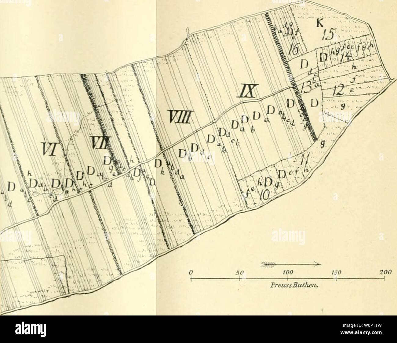 Immagine di archivio da pagina 139 di Der Boden und die landwirthschaftlichen. Der Boden und die landwirthschaftlichen VerhÃ¤ltnisse des Preussischen Staates. derbodenunddiela06meituoft Anno: 1868 Tafel I. OewaimMl GewamiVin GfwannJX TlÃ¤chennachweis Bes..Vom ' â"'!m' ,C 6''/ / D 10.2 2 Tilorgenpr. 1 GewannTI D 5/,J Ã¶ d 5,8 1 BctsDorF 61,8 JStraBufrn ad onde millimetriche. '' Oewcoui anlh 1 '-W a b 55 / C1F / b 6.0 1 IIK GeKraime, 1833,7 1 Gehren. S6,6 c 5.1 1 D Â",9 3 Z KruntmeBergstÃ¼cke 32,9 d 5.6 1 un fio / 3 Geliren UZZ h 3,n D 35,6) D 33.C D H3,2 1 D 15,6 3 't SpringsUicJte 88,9 â¢HO .- 0 5,9 1 9 â¢i.2 Foto Stock