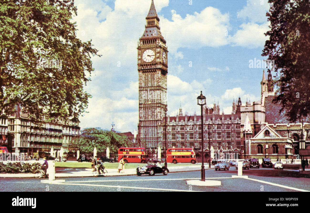 Un 1950 cartolina del Big Ben e il Parlamento Square a Londra, Inghilterra. Autore originale è stato il materiale fotografico di biglietto di auguri Co. Ltd London Foto Stock