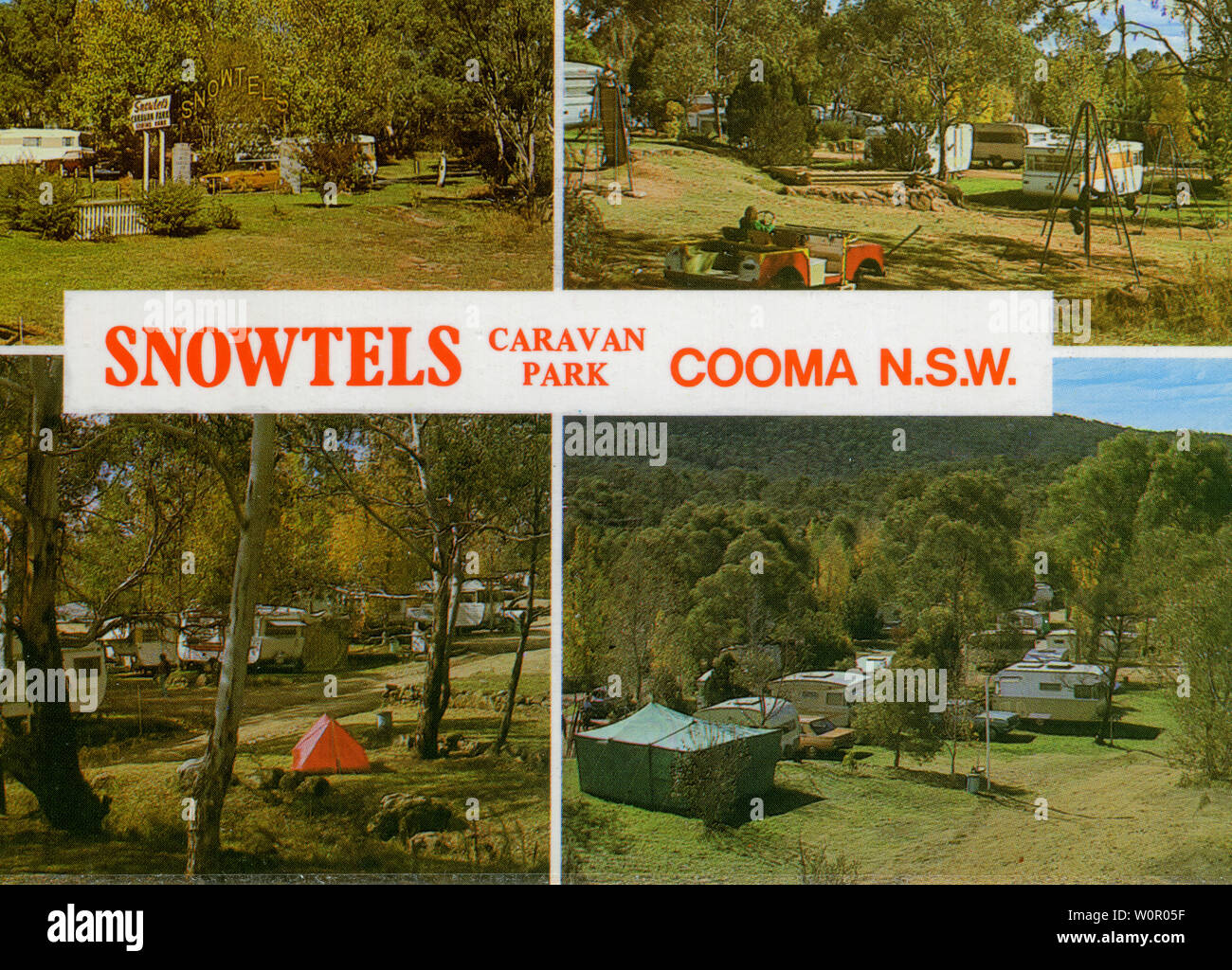Una immagine della cartolina del Snowtels Caravan Park in Cooma Aeroporto, Australia. Età della card non è disponibile ma basato sulle vetture nell'immagine la sua probabilità di essere presto a metà degli anni settanta. L'autore originale è stato Bartel & Schorn. Foto Stock