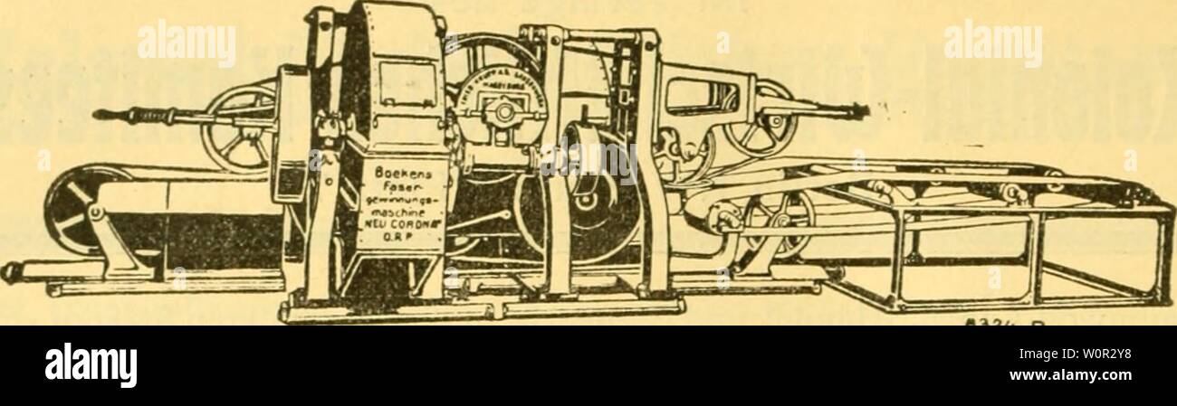 Immagine di archivio da pagina 217 di Der Tropenpflanzer; zeitschrift fr tropische. Der Tropenpflanzer; zeitschrift fr tropische landwirtschaft dertropenpflanze20berl anno: e32&LT;" 8 Foserieuinnunss'Hnschinen brevetto ff BOEKEN "NEU-corona für Agaven, Aloe, Musa, Sanseviera u. andere faserhaltige Pflanzen. Ausstellung (Allahabad Brit. Indien) 1911: Goldene Medaille. Ausstellung Soerabaya (Niederländ. Indien) 1911: diplom für ausgezeichnete Bauart, Leistung und Güte des Erzeugnisses. Vorquetscher, Bürstmaschinen, Faserschwingen. Ballenpressen. Zuckerrohr-Walzwerke. Kaffee-Schäl- u. Poliermaschinen. M Foto Stock