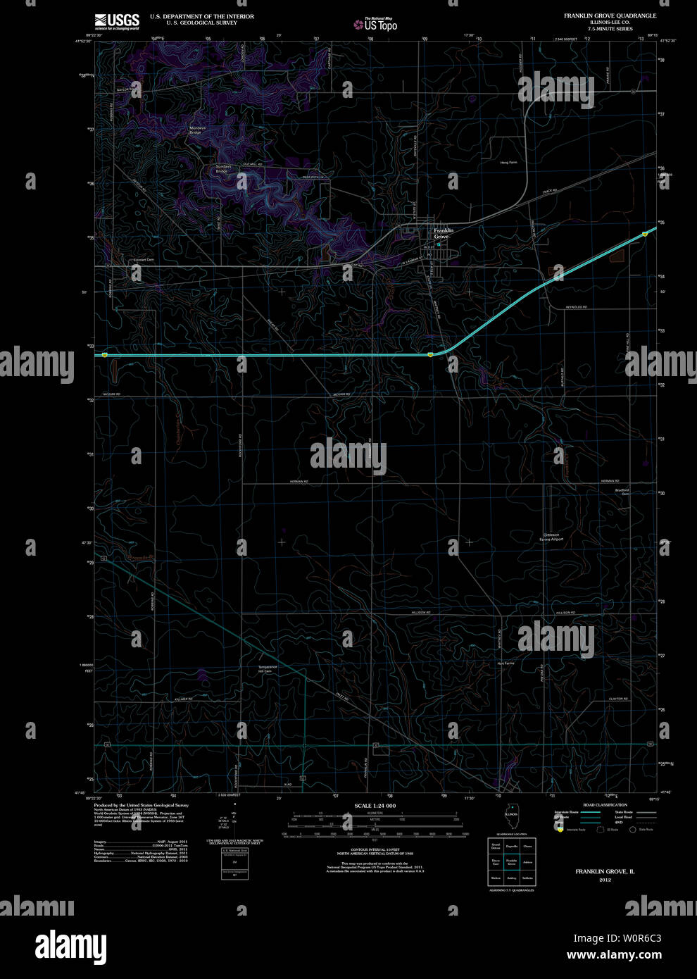 USGS TOPO Map Illinois il Franklin Grove 20120816 TM restauro invertito Foto Stock