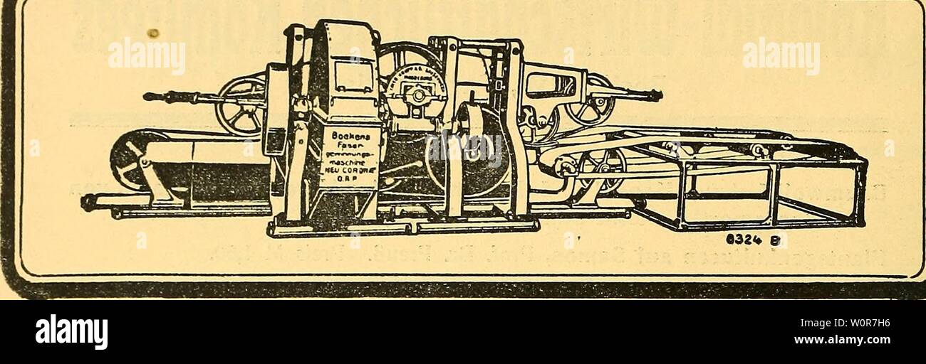 Immagine di archivio da pagina 297 di Der Tropenpflanzer; zeitschrift fr tropische. Der Tropenpflanzer; zeitschrift fr tropische landwirtschaft dertropenpflanze21berl Anno: Dserseuinnunss-Hoschinen 99 UE-G ii brevetto BOEKEM für Agaven, Aloe, Musa, Sanseviera u. andere faserhaltige Pflanzen. Ausstellung (Allahabad Brit. Indien) 1911: Goldene Medaille. Ausstellung Soerabaya (Niederländ. Indien) 1911: diplom für ausgezeichnete Bauart, Leistung und Güte des Erzeugnisses. Vorquetscher, Bürstmaschinen, Faserschwingen. Ballenpressen. - Zuckerrohr Walzwerke. Maschinen und vollständige Einrichtungen zur Ölge Foto Stock