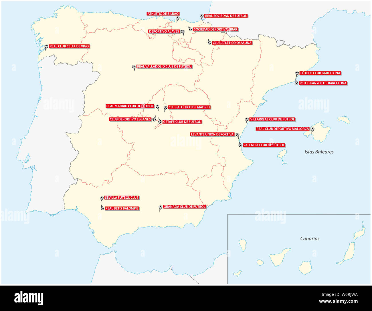 Mappa con le venti club del primo spagnolo Football League 2019 2020 Foto Stock